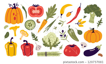 Vegetables set. Healthy eating, fresh food, Collection of farm products like pepper, broccoli, green, tomato and pumpkin. Trendy modern vector illustration isolated on white, hand drawn, flat design 120737081
