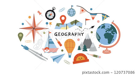 Geography lesson at school, travel concept. Oval composition with globe, wind rose, compass, mountains, map, hot air balloon and ship. Vector illustration isolated on white, hand drawn, flat 120737086