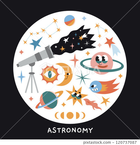 Astronomy lesson at school, science of space exploration. Round composition with telescope, stars, planets, outer space, moon, sun and planets. Vector illustration isolated on white, hand drawn, flat 120737087