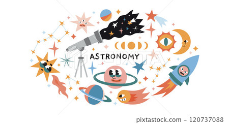 Astronomy lesson at school, science of space exploration. Oval composition with telescope, stars, planets, outer space, moon, sun and planets. Vector illustration isolated on white, hand drawn, flat 120737088