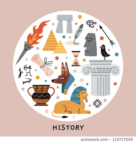 History lesson at school, science of the past. Round art with monuments, ancient artifacts, drawings and products, the sphinx, capitals and pyramids. Vector isolated illustration, hand drawn, flat 120737089