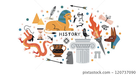 History lesson at school, science of the past. Oval art with monuments, ancient artifacts, drawings and products, the sphinx, capitals and dragon. Vector isolated illustration, hand drawn, flat 120737090