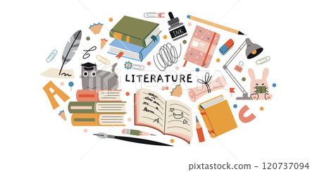 Literature lesson at school, reading and writing concept. Oval art with stacks of books, notebook, pencil, fountain pen,lamp and cute characters. Vector isolated illustration, hand drawn, flat Literature lesson at school, reading and writing concept. Oval art with stacks of books, notebook, pencil, fountain pen,lamp and cute characters. Vector isolated illustration, hand drawn, flat 120737094