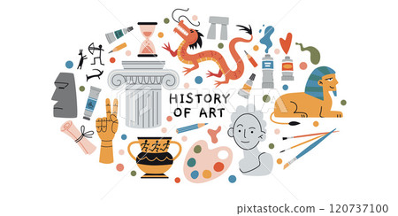 History of Art lesson at school, education for artists. Oval art with paints, brushes, pencil, drawings, capital, ancient art monuments, cultural heritage. Vector illustration, hand drawn, flat 120737100