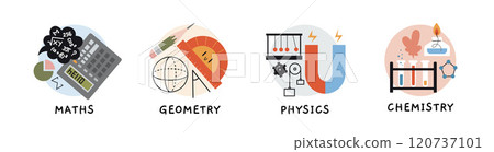 Math, geometry, physics and chemistry lesson at school, education concept. Round icon with attributes of exact and natural sciences. Trendy modern vector illustration, hand drawn, flat design Math, geometry, physics and chemistry lesson at school, education concept. Round icon with attributes of exact and natural sciences. Trendy modern vector illustration, hand drawn, flat design 120737101