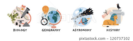 Biology, Geography, Astronomy and History lesson at school, education concept. Round icon with attributes of natural and humanities sciences. Trendy modern vector illustration, hand drawn, flat 120737102