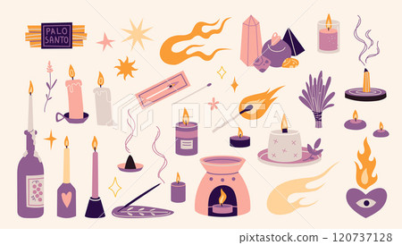 Scented Candles and incense. Aromatherapy, Esoteric concept, magic set. Rest relaxation, witchcraft and sorcery. Trendy modern vector illustration, hand drawn, flat design 120737128
