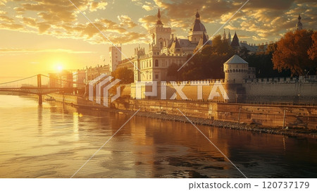 Come and witness the Majestic Sunset That Overlooks a Historic Castle, Gracefully Nestled by the Tranquil River 120737179