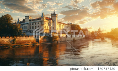 Come and witness the Majestic Sunset That Overlooks a Historic Castle, Gracefully Nestled by the Tranquil River 120737180