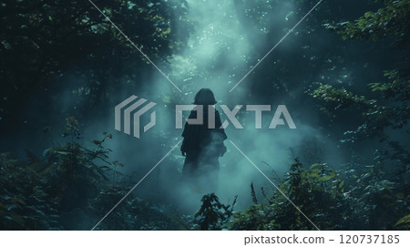 Winter warrior displays bravery and resilience in snowy forest, showing determination against cold surroundings 120737185