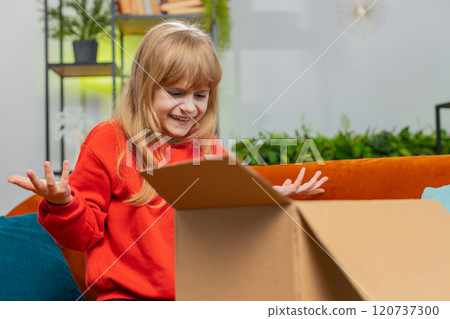 Angry dissatisfied shopper child girl kid unpacking parcel feeling upset, confused, wrong delivery Angry dissatisfied shopper child girl kid unpacking parcel feeling upset, confused, wrong delivery 120737300
