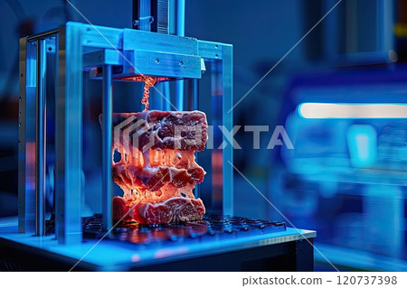 3D printer creates edible meat from protein cartridges, using generative technology in a laboratory 3D printer creates edible meat from protein cartridges, using generative technology in a laboratory 120737398