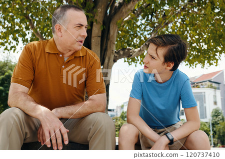 Grandchild Having Conversation With His Grandfather 120737410