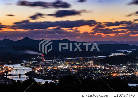 The Kawauchi River and Satsuma-Sendai City seen from Terayama Recreation Square at dusk in the evening 120737470