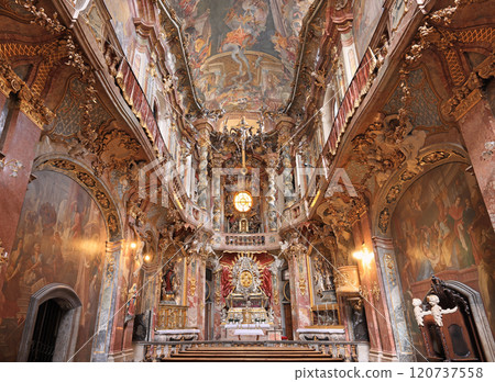 Interior of Asam Church or St. Johann Nepomuk or Asamkirche is a baroque church in Munich city, southern Germany Interior of Asam Church or St. Johann Nepomuk or Asamkirche is a baroque church in Munich city, southern Germany 120737558