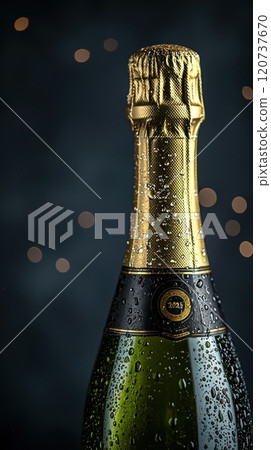 Close-up of the neck of a champagne bottle with the inscription 2025 120737670