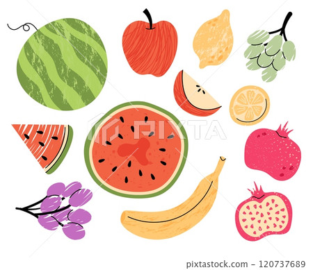Doodle fruit. Red apple, whole and cut watermelon. Fresh banana, grape and lemon. Hand drawn food. Simple pomegranate. Minimalist tropical exotic elements. Vector cartoon flat isolated illustration 120737689