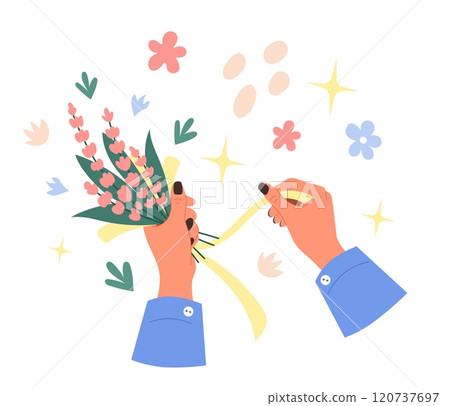 Handmade crafts. Person making bouquet. Person decorating flowers with ribbon. Hobby and florist craftsmanship. Handiwork accessories. Woman arms holding blooming blossoms. Vector creative artisan 120737697