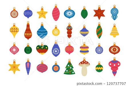 Retro Christmas toys. Vintage New Years decorations. Holiday decor, stars, trinkets hanging. Celebrating balloons for Xmas tree. Vector simple tidy design, cartoon flat style isolated illustration set 120737707