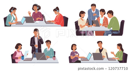 Work office. Business team. Employee at computer. Agency teamwork. Company creative. Workers discuss project together. Corporate group communication. Businessman partnership. Vector characters set 120737710