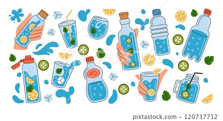 Water detox. Recycle bottle, drink in glass. Hand holding cup. Useful jug, jar and container, mint and lemon. Linear h2o illustration, lemonade drawing. Vector cartoon flat style isolated tidy set 120737712