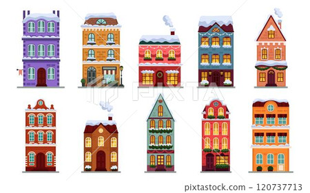 Christmas cute house. Winter town. City village with facade of building in snow. Cottage home architecture with New Years holiday decor. Vector tidy cartoon flat isolated countryside illustration 120737713