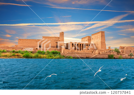 Philae Temple on Agilkia Island by the Nile, sunset view, Aswan, Egypt 120737841