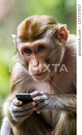 illustration of a monkey using smartphone phone in jungle 120737857