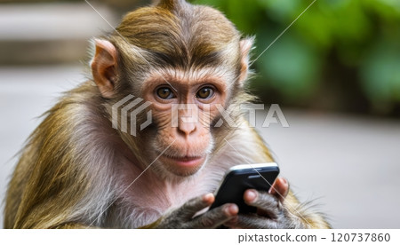 illustration of a monkey using smartphone phone in jungle 120737860