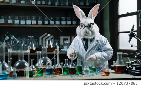 illustration of a humanoid white rabbit in a lab coat studying and experimenting inside a chemical laboratory or clinic 120737863