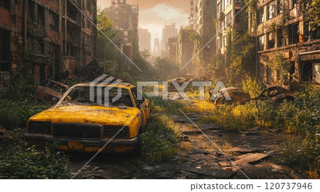 A post apocalyptic cityscape with crumbling buildings, overgrown vegetation, and a sense of desolation and decay, hinting at a lost civilization A post apocalyptic cityscape with crumbling buildings, overgrown vegetation, and a sense of desolation and decay, hinting at a lost civilization 120737946