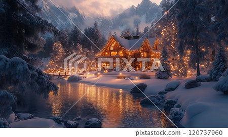 A cozy wooden cabin decorated with holiday lights, set amidst a snowy forest. 120737960