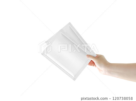 In hand holding a blank white packaging bag to display the product bag. In hand holding a blank white packaging bag to display the product bag. 120738058