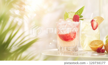 Refreshing summer cocktails on table with greens and fruits, tropical vacations vibes background, copy space 120738177