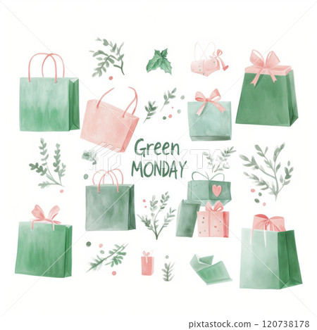 Pastel colored gift boxes and shopping bags with green natural leaves, concept of green Monday sale Pastel colored gift boxes and shopping bags with green natural leaves, concept of green Monday sale 120738178