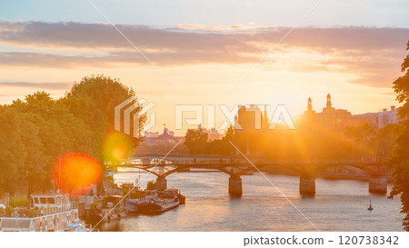 View to Pont des Arts in Paris at sunset timelapse, France 120738342