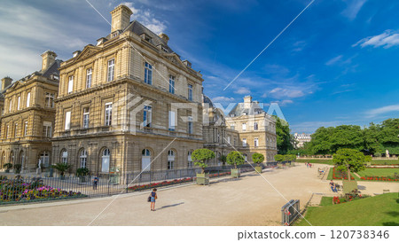 Luxembourg Palace and park timelapse hyperlapse in Paris, France. 120738346