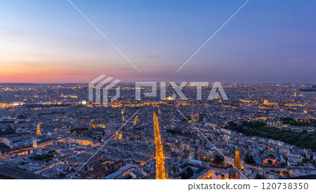 Panorama of Paris after sunset day to night timelapse. Top view from montparnasse building in Paris - France 120738350