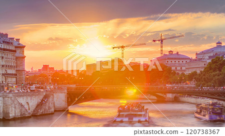 Le Pont D'Arcole bridge at sunset with boats timelapse, Paris, France, Europe 120738367