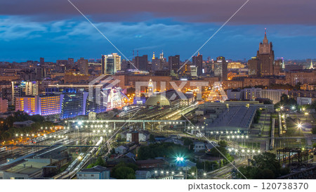 Panoramic view to Kiev Railway Station night to day timelapse and modern city in Moscow, Russia Panoramic view to Kiev Railway Station night to day timelapse and modern city in Moscow, Russia 120738370