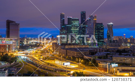 Night to day view of the city traffic timelapse and Building of Moscow International Business Center Moscow-City Night to day view of the city traffic timelapse and Building of Moscow International Business Center Moscow-City 120738371