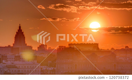 Panorama with Stalin skyscraper during sunset timelapse in Moscow, Russia 120738372