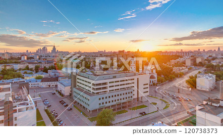 Aerial panorama of Moscow at sunset timelapse from rooftop. Skyscrapers, Kremlin 120738373