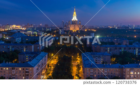 Moscow State University night to day timelapse before sunrise aerial view from rooftop. Moscow State University night to day timelapse before sunrise aerial view from rooftop. 120738376