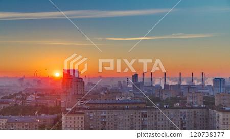 Residential buildings, Stalin skyscrapers and panorama of city at sunrise timelapse in Moscow, Russia Residential buildings, Stalin skyscrapers and panorama of city at sunrise timelapse in Moscow, Russia 120738377
