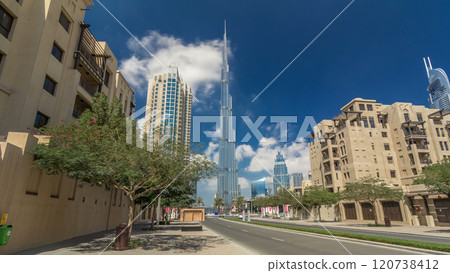 Walking on Dubai street Dubai Skyline timelapse hyperlapse. Residential and Business Skyscrapers in Downtown Walking on Dubai street Dubai Skyline timelapse hyperlapse. Residential and Business Skyscrapers in Downtown 120738412