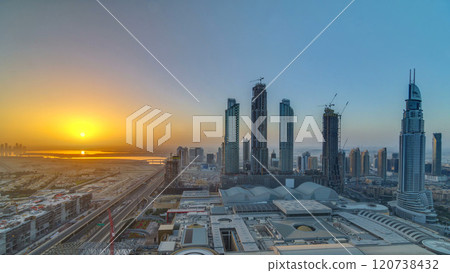 Dubai downtown with sunrise timelapse. Top view from above 120738432
