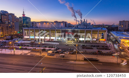 Moscow city Russia skyline aerial panoramic top view day to night timelapse urban winter snow scenery architecture background 120738450