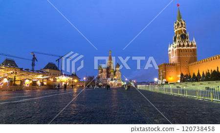 Red Square in winter day to night timelapse. Moscow Kremlin with Spasskaya tower and Cathedral of St. Basil, Russia Red Square in winter day to night timelapse. Moscow Kremlin with Spasskaya tower and Cathedral of St. Basil, Russia 120738458