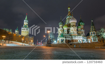 Moscow Kremlin timelapse hyperlapse with Spasskaya tower and Cathedral of St. Basil, Russia. Red Square in winter night Moscow Kremlin timelapse hyperlapse with Spasskaya tower and Cathedral of St. Basil, Russia. Red Square in winter night 120738460